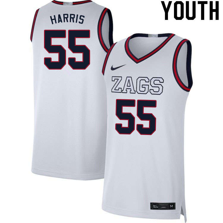 Youth #55 Dominick Harris Gonzaga Bulldogs College Basketball Jerseys Sale-White - Click Image to Close